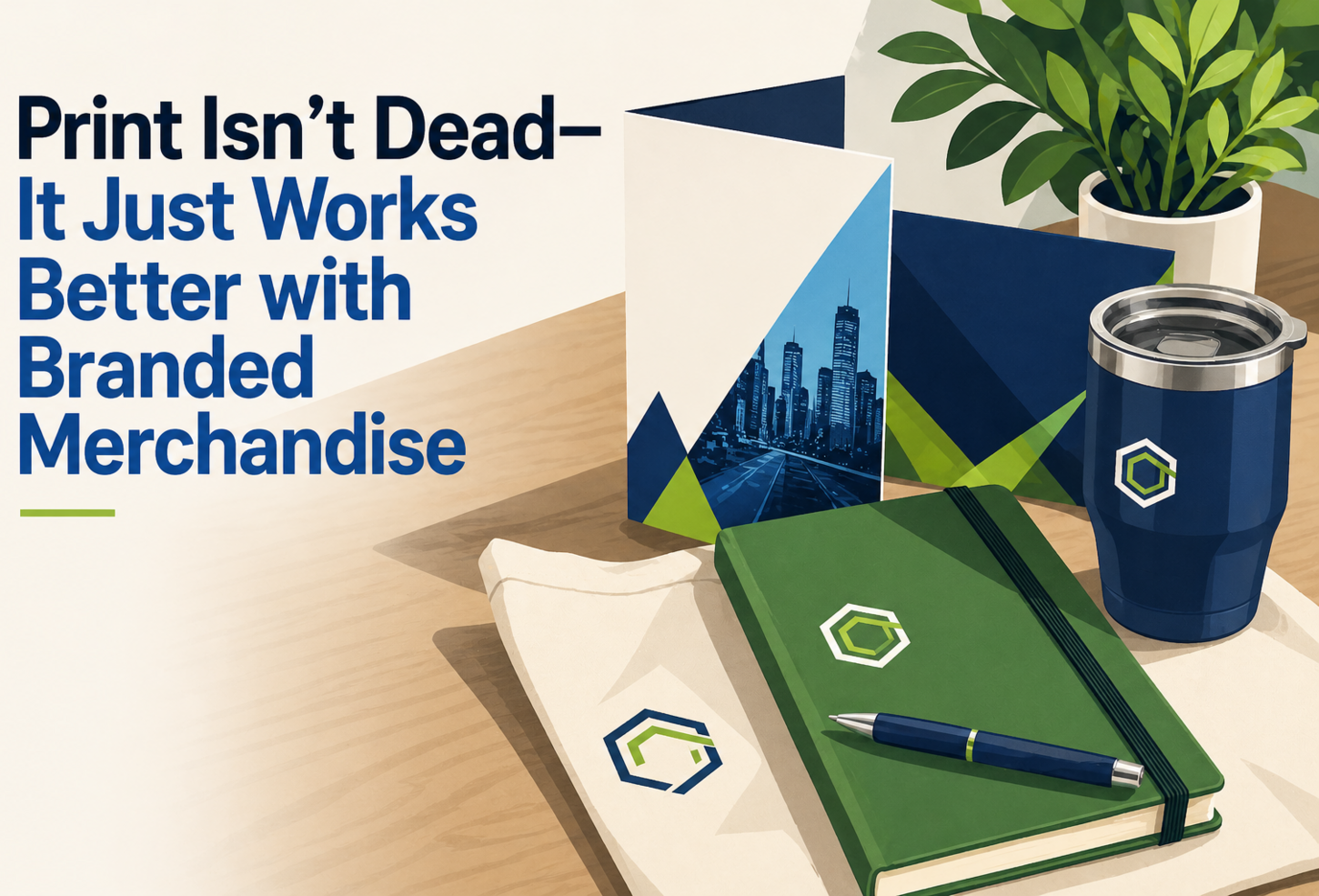 An image that contains print and branded merchandise materials on a table with the article title "Print Isn't Dead- It Just Works Better with Branded Merchandise"