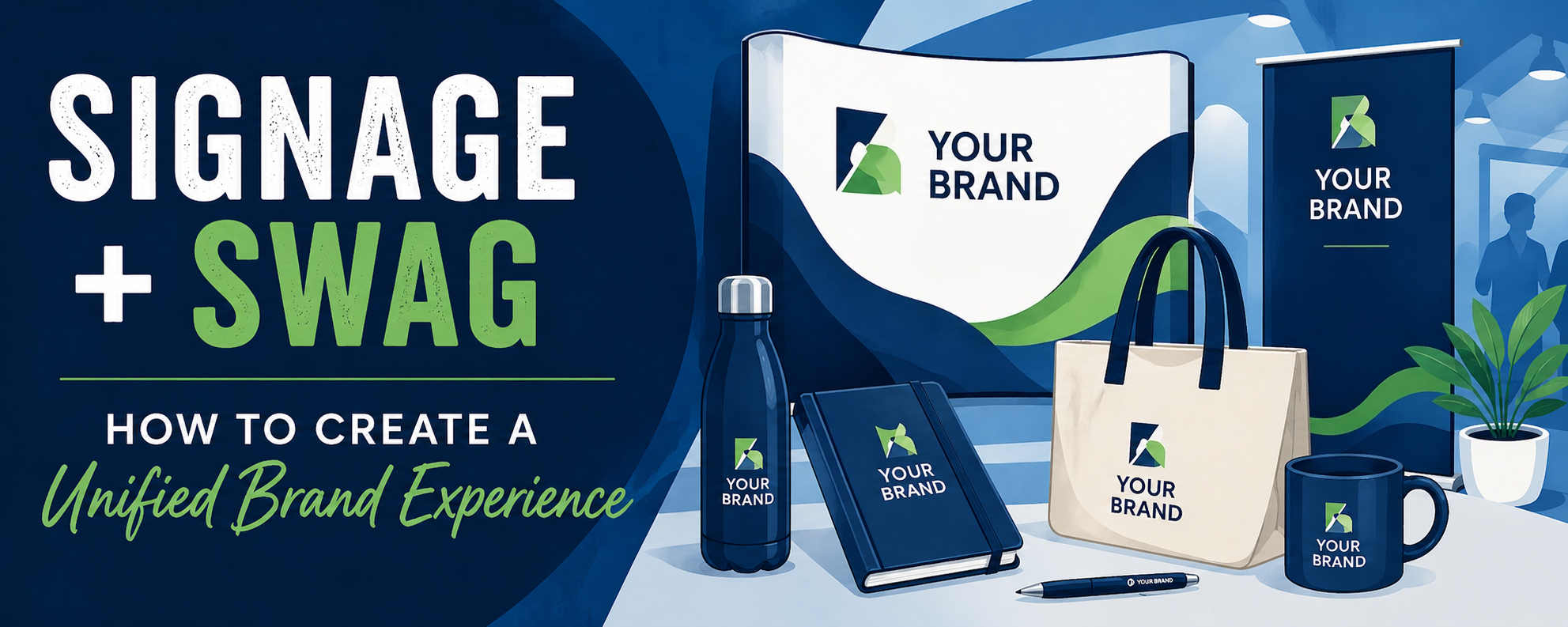 A blue background featuring examples of signage + swag options, and the article title that reads "Signage + Swag: How to Create a Unified Brand Experience"