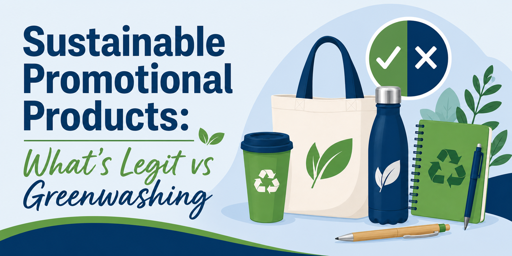 A blue background with eco--friendly objects, and the title of the article which reads "Sustainable Promotional Products: What's Legit VS. Greenwashing"