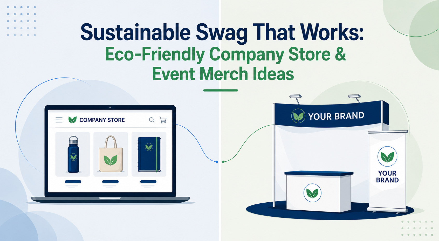 A white background with a laptop on one side and a trade booth on the other, and the title of the article which reads "Sustainable Swag That Works: Eco-Friendly Company Store & Event Merch Ideas"