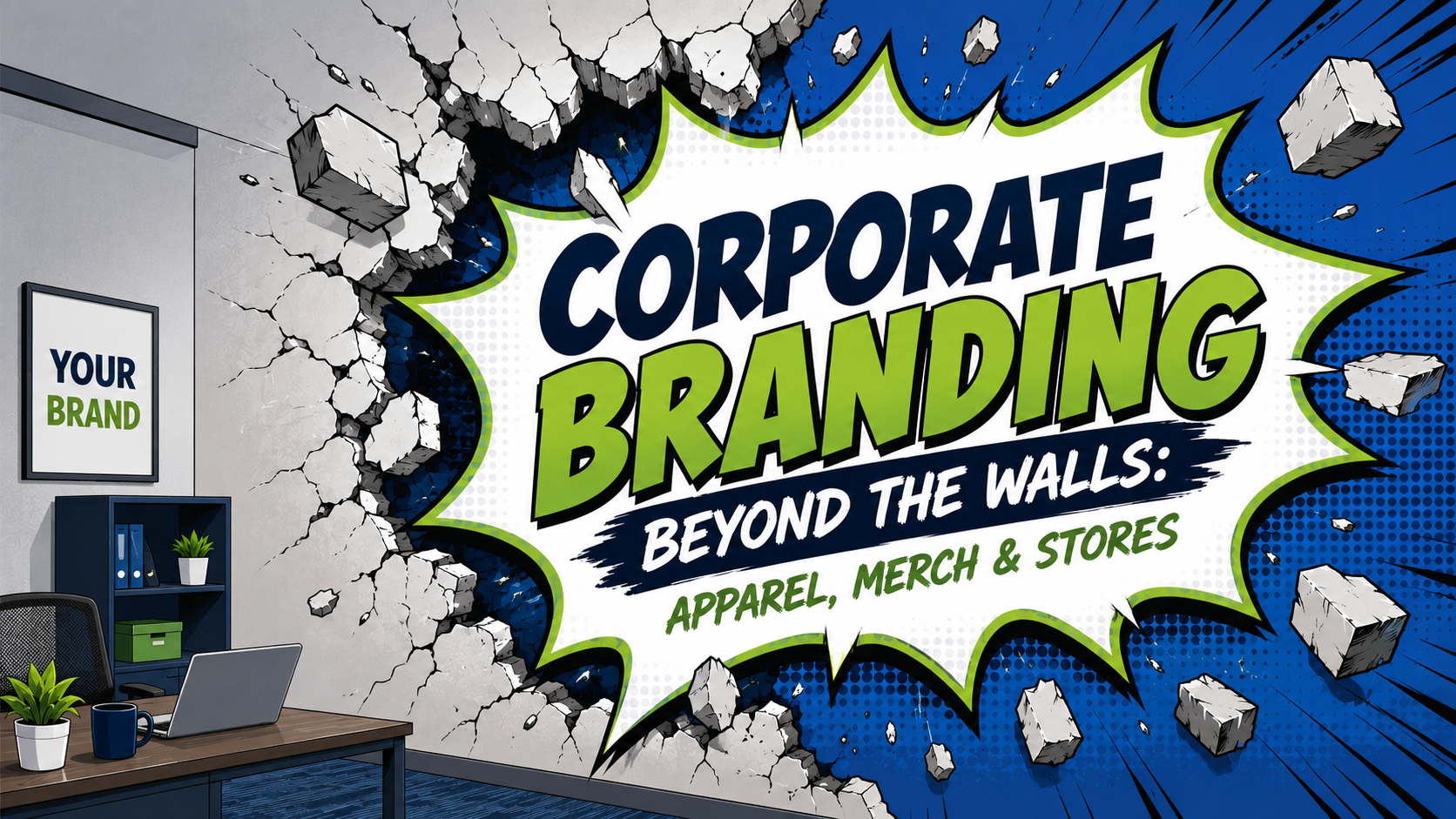 An image of an office wall being broken through, with a comic book action bubble that has the title of the article within it that reads "Corporate Branding Beyond the Walls: Apparel, Merch, & Stores"