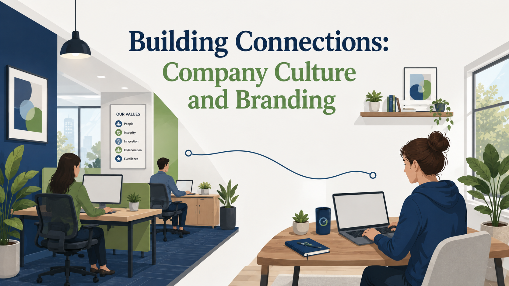 An image of a remote employee and an in office employee who work for the same company. Above the image is the title of the article which reads "Building Connections: Company Culture and Branding"